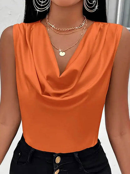 Loose Sleeveless Pleated Solid Color V-Neck Vest Top