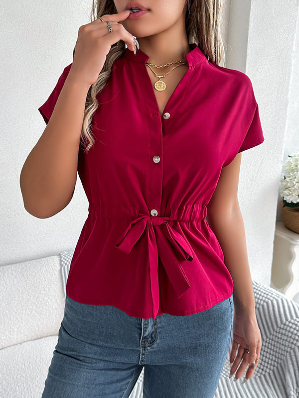 Loose Short Sleeves Drawstring Split-Joint Round-Neck Blouses&Shirts Tops