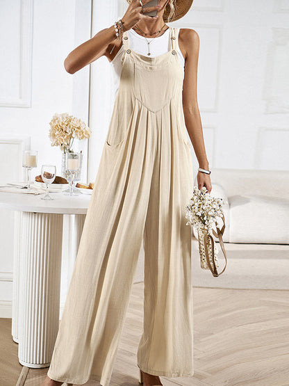 Loose Sleeveless Pleated Pockets Split-Joint Spaghetti-Neck Overalls
