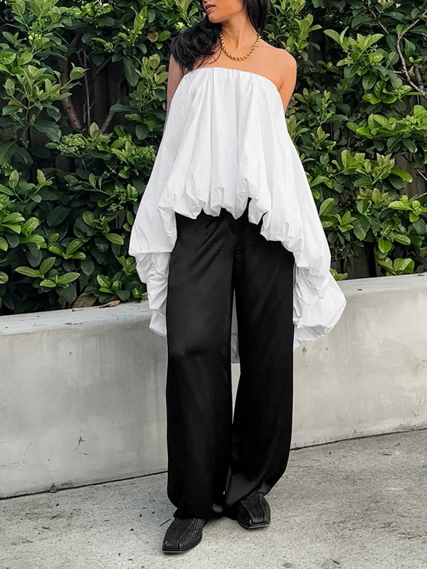 High-Low Sleeveless Elasticity Pleated Solid Color Split-Joint Tube Blouses&Shirts Tops