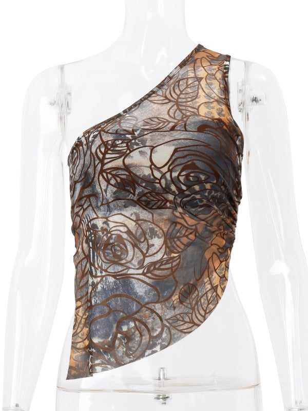 Loose Skinny Asymmetric Pleated Printed One-Shoulder Vest Top