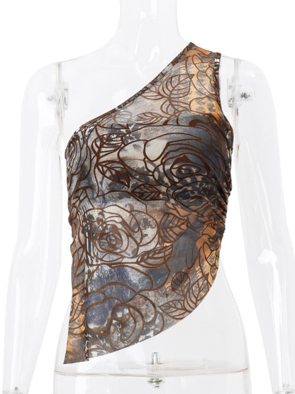 Loose Skinny Asymmetric Pleated Printed One-Shoulder Vest Top