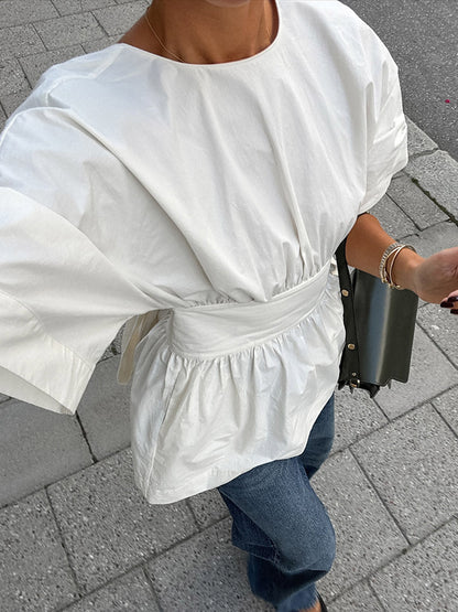 Elasticated Waist High Waisted Pleated Solid Color Split-Joint Tied Waist Round-Neck Blouses&Shirts Tops