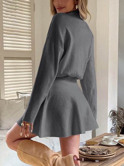 A-line High Waisted Elasticity Solid Color Round-neck Mini Dresses Sweater Dresses
