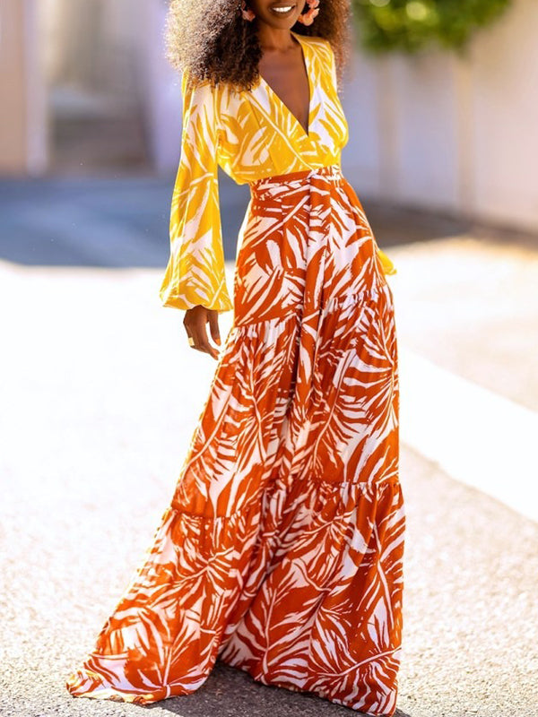 High Waisted Loose Layered Leaves Print Skirts Bottoms