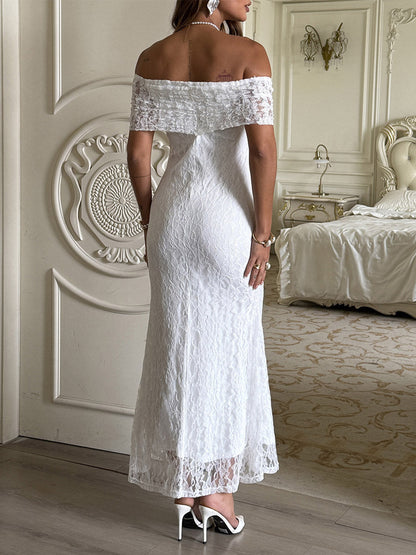 High Waisted Sleeveless Jacquard See-Through Solid Color Split-Joint Off-the-shoulder Maxi Dresses