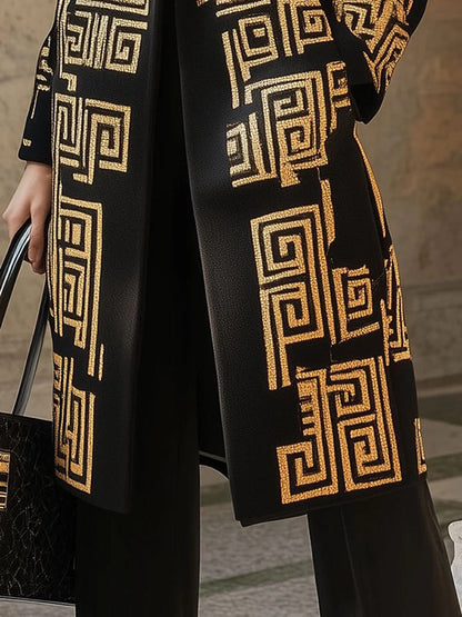 Long Sleeves Loose Buttoned Contrast Color Pockets Notched Collar Woolen Coat