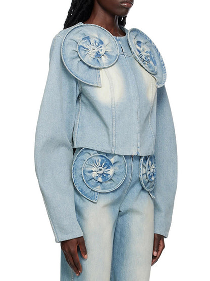 Long Sleeves Loose Buckle Three-Dimensional Flower Round-Neck Denim Jackets Outerwear