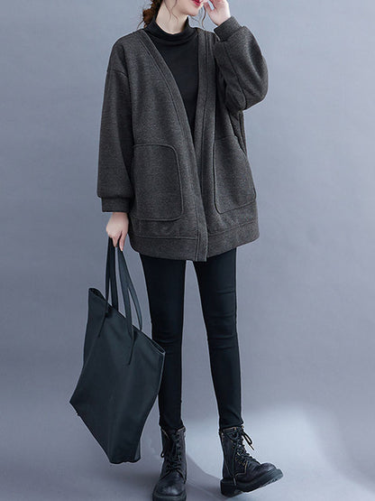 Long Sleeves Loose Pockets Solid Color Collarless Outerwear
