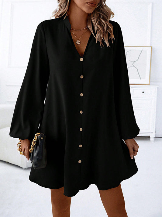 A-line Long Sleeves Buttoned Solid Color V-neck Mini Dresses