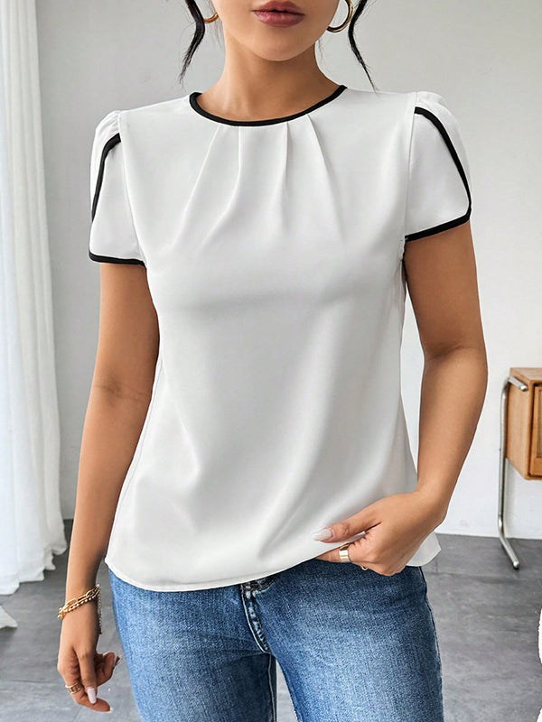 Loose Short Sleeves Hollow Pleated Round-Neck Blouses&Shirts Tops