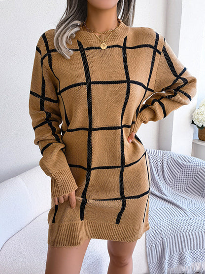 Elasticated Waist Long Sleeves Belted Contrast Color Plaid Round-Neck Mini Dresses Sweater Dresses