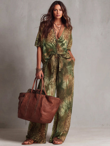 Half Sleeves Loose Contrast Color Knot Leopard Printed See-Through Deep V-Neck Blouses&Shirts Tops