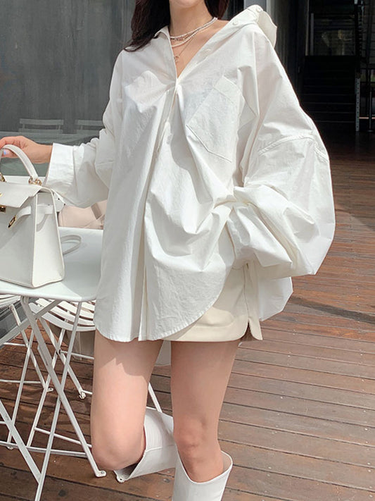 Long Sleeves Loose Buttoned Pockets Solid Color Lapel Blouses&Shirts Tops