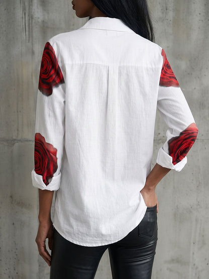 Flower Print Contrast Color Buttoned Loose Long Sleeves Lapel Blouses&shirts Tops