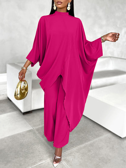 Batwing Sleeves Long Sleeves Asymmetric Hollow Solid Color Mock Neck T-Shirt Top + Pants Bottom Two Pieces Set
