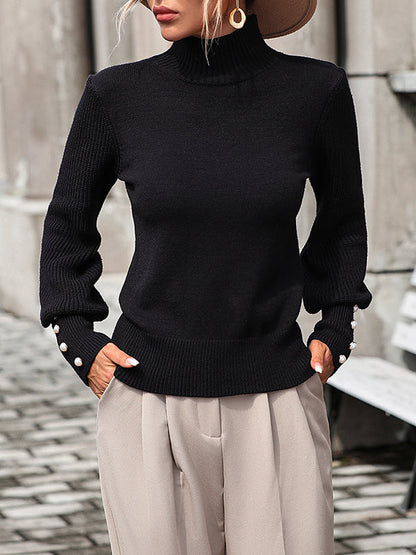Long Sleeves Loose Beaded Split-Joint High-Neck Knitwear Pullovers Sweater Tops