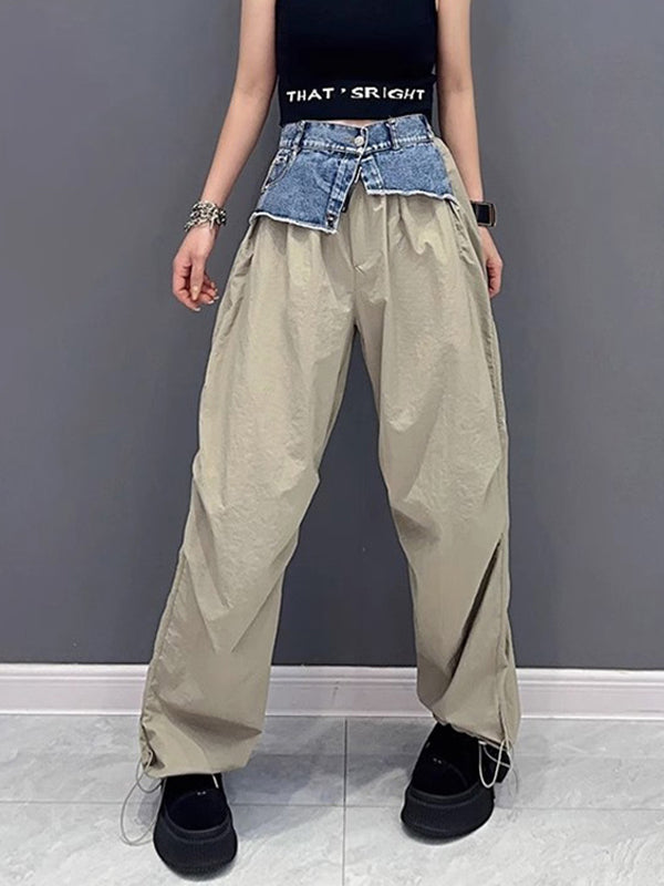 Loose Wide Leg Drawstring Elasticity Split-Joint Cargo Pants Trousers