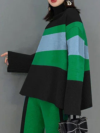 Flared Sleeves Long Sleeves Contrast Color Ribbed Knit Split-Joint Striped High Neck Two Pieces Set