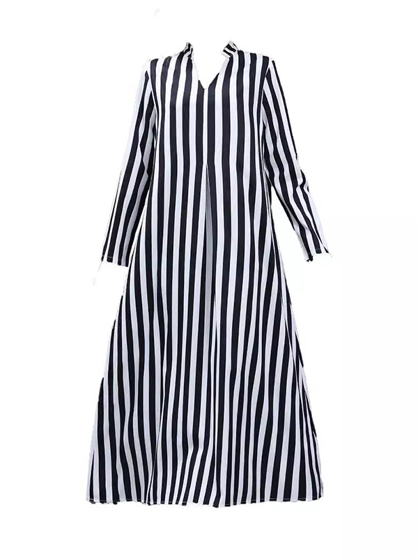 A-Line Long Sleeves Contrast Color Pleated Striped V-Neck Maxi Dresses