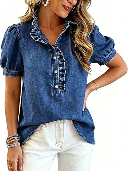 Split-Joint Solid Color Ruffled Pleated Buttoned Short Sleeves Stand Collar Blouses&shirts Tops
