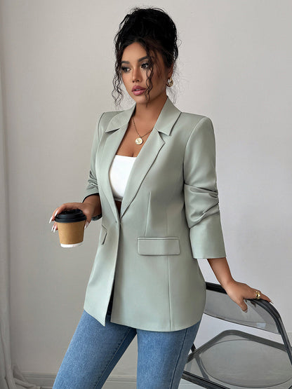 Long Sleeves Loose Buttoned Pockets Solid Color Notched Collar Blazer Outerwear
