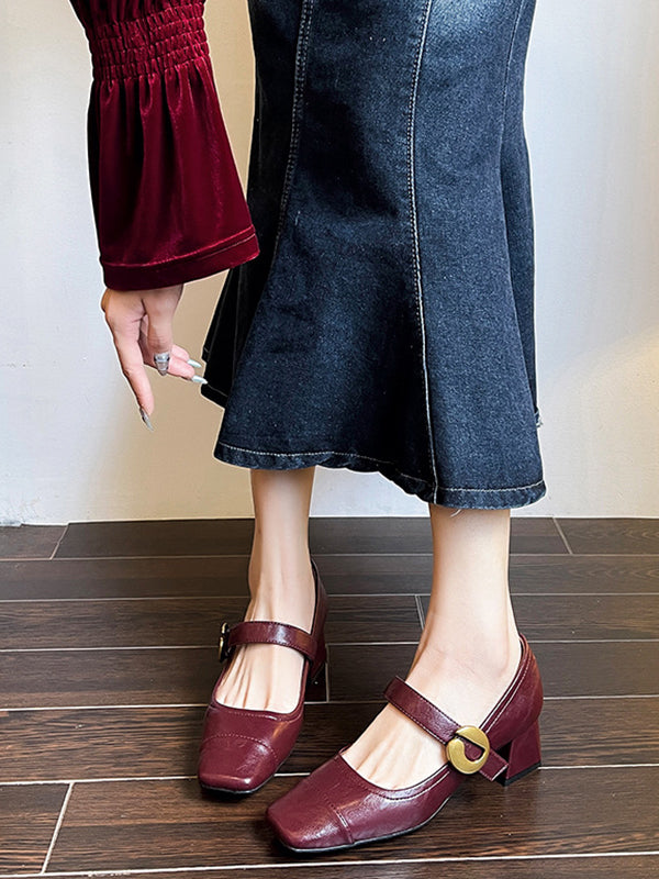 Belt Buckle Shallow Cut Split-Joint Square-Toe Pumps