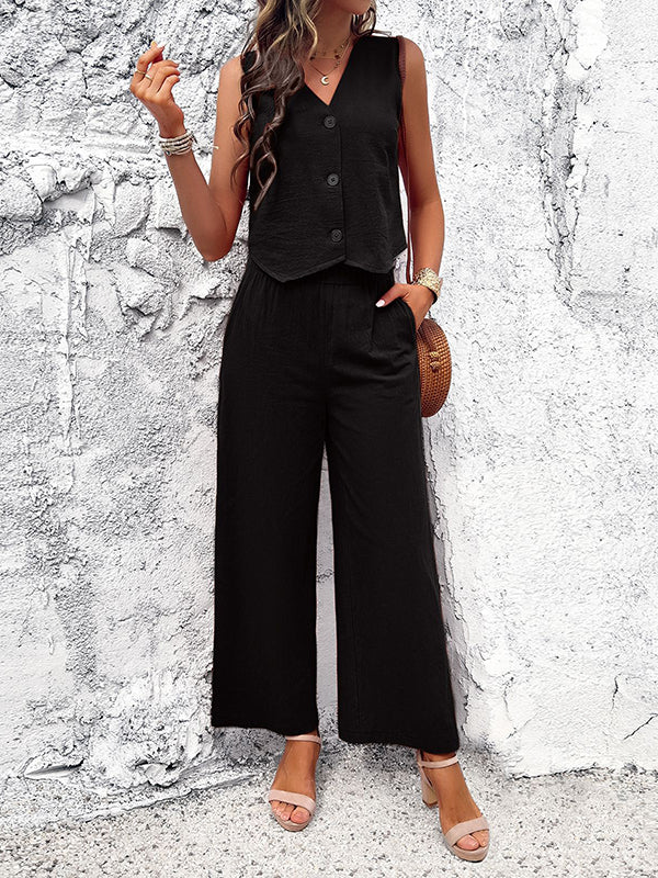 Loose Sleeveless Buttoned Solid Color V-Neck Vest Top + Pockets Elasticity Two Pieces Set