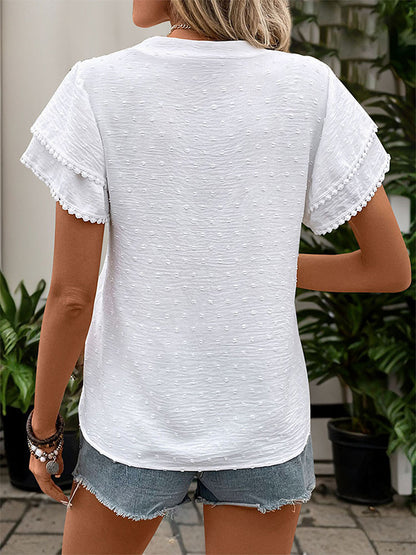Loose Short Sleeves Buttoned Double Layered Jacquard Solid Color Split-Joint V-Neck Blouses&Shirts Tops