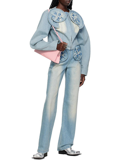 Long Sleeves Loose Buckle Three-Dimensional Flower Round-Neck Denim Jackets Outerwear