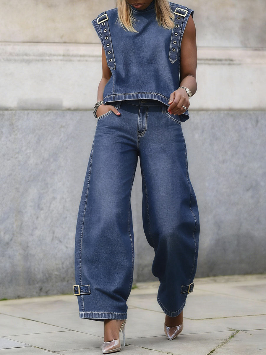 High Waisted Wide Leg Buckle Pockets Solid Color Jean Pants Bottoms