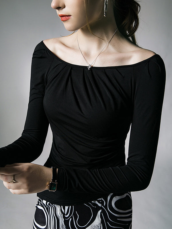 Long Sleeves Skinny Asymmetric Pleated Solid Color One-Shoulder T-Shirts Tops