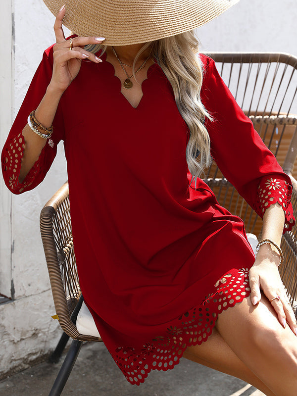 A-Line Loose Hollow Solid Color V-Neck Mini Dresses