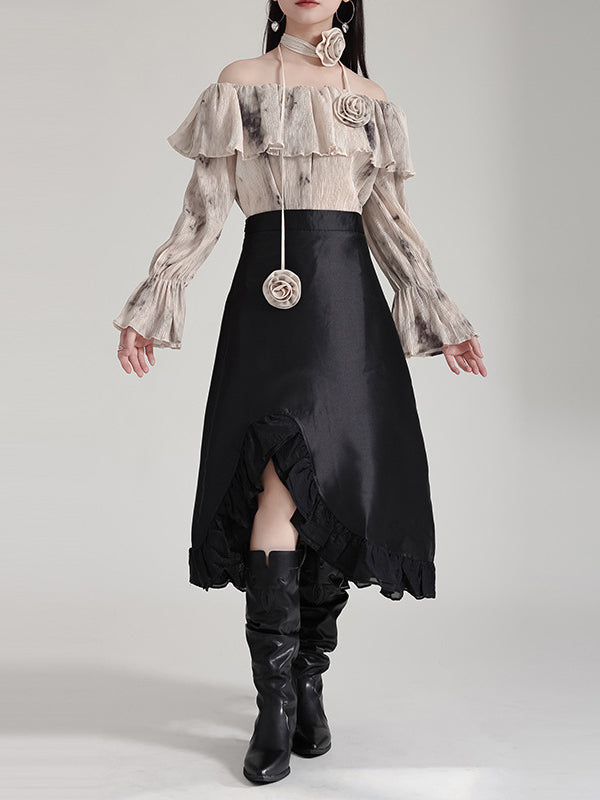 High Waisted Asymmetric Ruffled Solid Color Split-Joint Skirts Bottoms