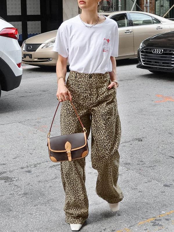 High Waisted Loose Leopard Printed Split-Joint Pants Trousers