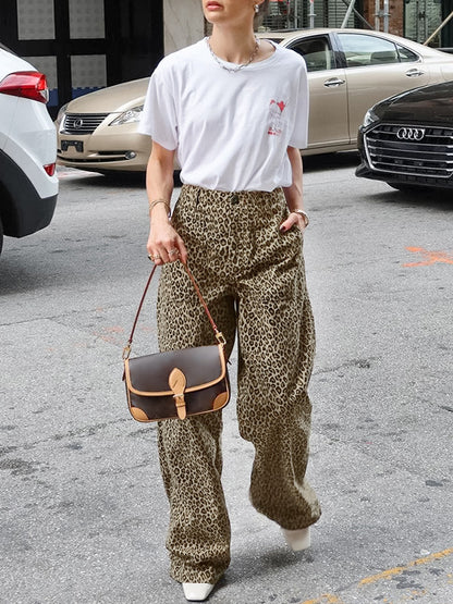 High Waisted Loose Leopard Printed Split-Joint Pants Trousers