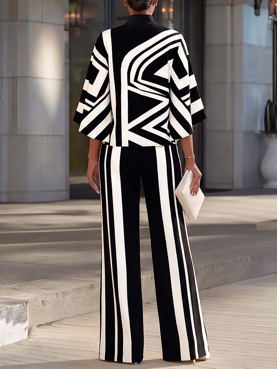 Striped Split-front Contrast Color Wide Leg High Waisted Trousers Pants