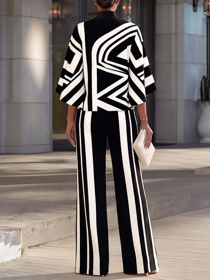 Striped Split-front Contrast Color Wide Leg High Waisted Trousers Pants