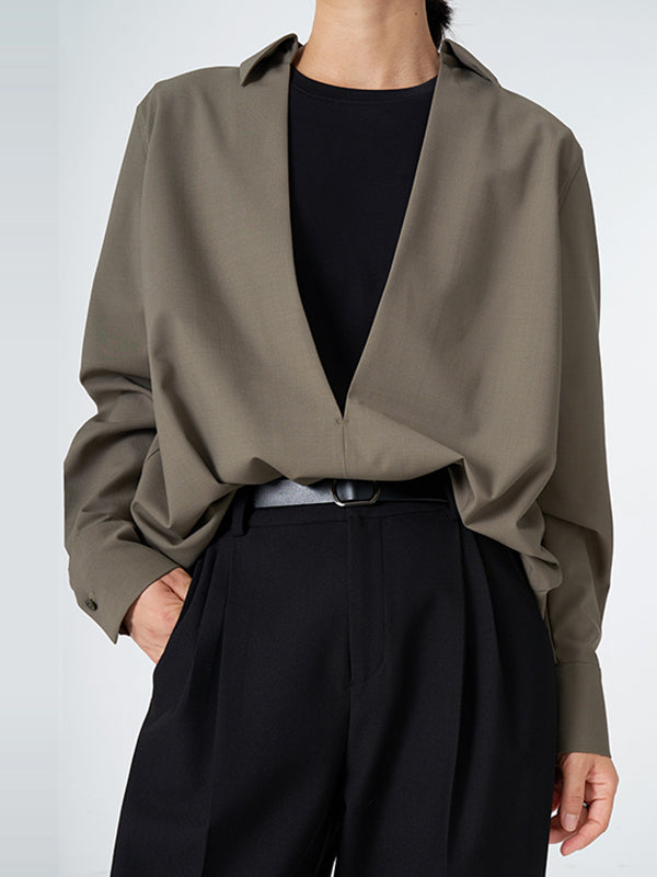 Long Sleeves Loose Solid Color Deep V-Neck Blouses&Shirts Tops
