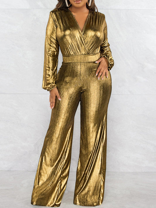 Bodycon High Waisted Elasticity Shiny Solid Color V-Neck Jumpsuits
