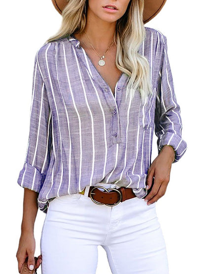 Long Sleeves Loose Buttoned Pockets Striped V-Neck Blouses&Shirts Tops