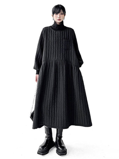 A-Line Long Sleeves Embossed Pockets Quilted Solid Color Split-Joint High Neck Midi Dresses Sweater Dresses