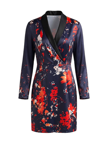 Bodycon Elasticated Waist Contrast Color Flower Print Split-Joint Lapel Midi Dresses