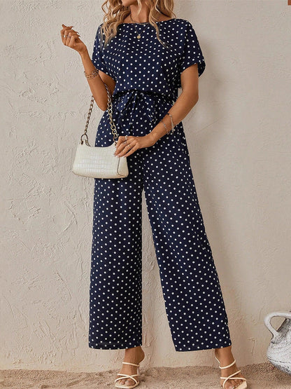 High Waisted Ninth Pants Contrast Color Polka-Dot Split-Joint Tied Waist Round-Neck Jumpsuits