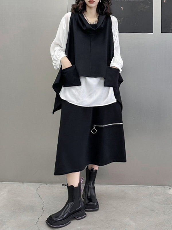 High-Low Irregular Clipping Hooded Solid Color Heaps Collar Vest Top