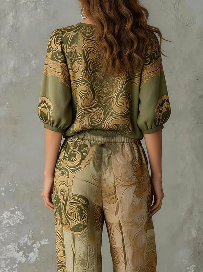 Contrast Color Printed V-Neck Half Sleeves Blouses&Shirts Tops + High Waisted Tied Waist Pockets Pants Trousers Two Pieces Set