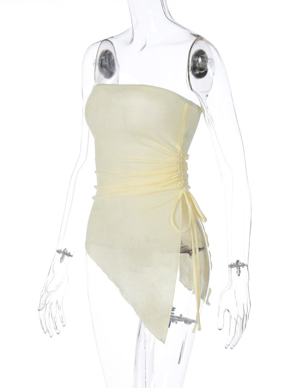 Irregular Clipping Skinny Asymmetric Drawstring Solid Color Split-Side Tube Vest Top