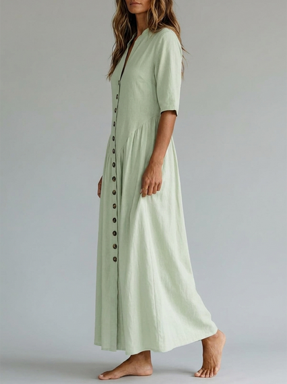 Half Sleeves Puff Sleeves Buttoned Pleated Solid Color Split-Joint Deep V-Neck Maxi Dresses
