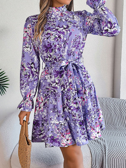 A-Line High Waisted Elasticity Flower Print Pleated Tied Waist Stand Collar Mini Dresses