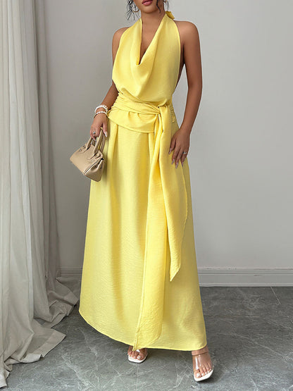 High Waisted Sleeveless Pleated Solid Color Tied Waist Halter-Neck Midi Dresses